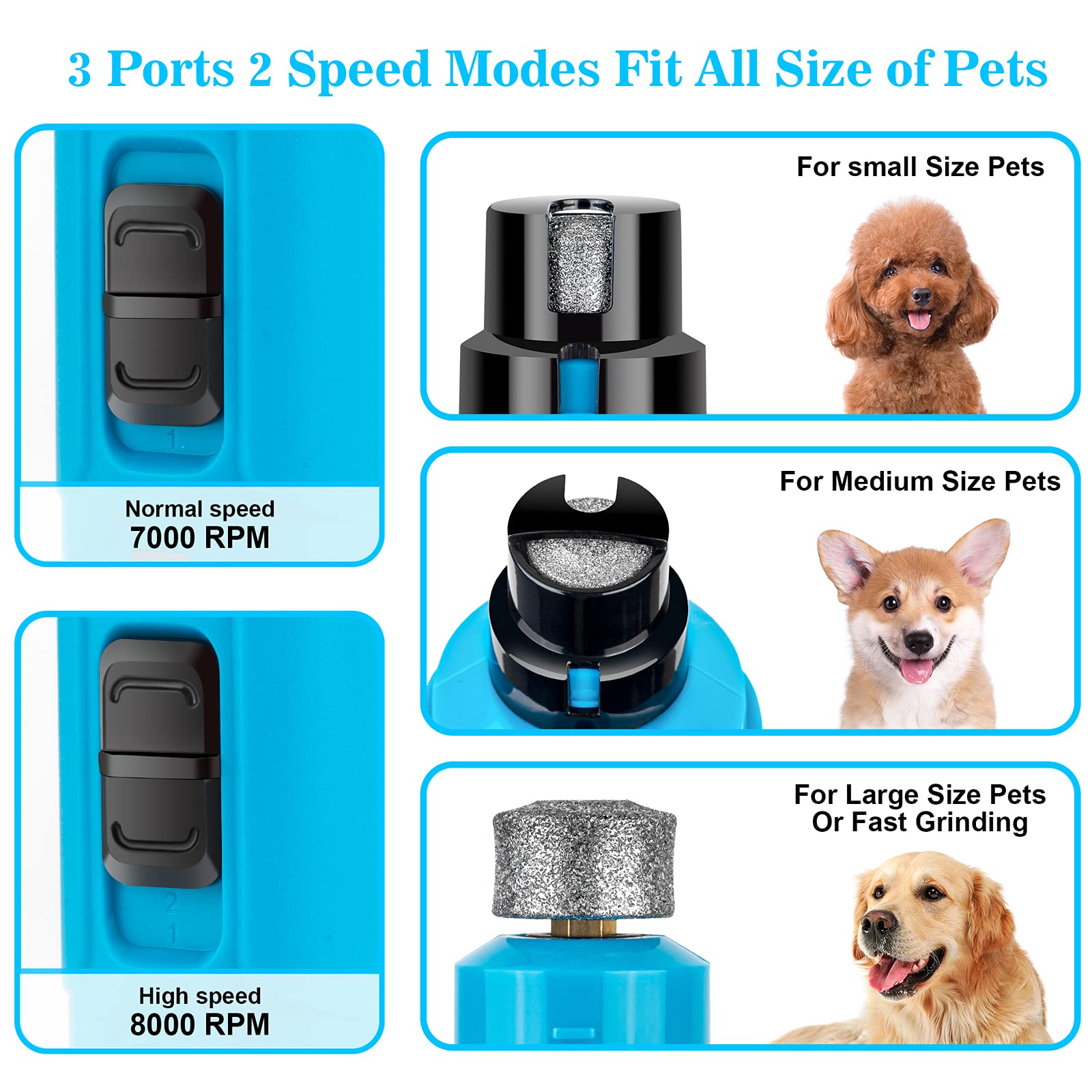 BOUSNIC Dog Nail Grinder with 2 LED Light - Super Quiet Pet Nail Grinder Powerful 2-Speed Electric Dog Nail Trimmer File Toenail Grinder for Puppy Small Medium Large Breed Dogs & Cats (Blue) - image 4