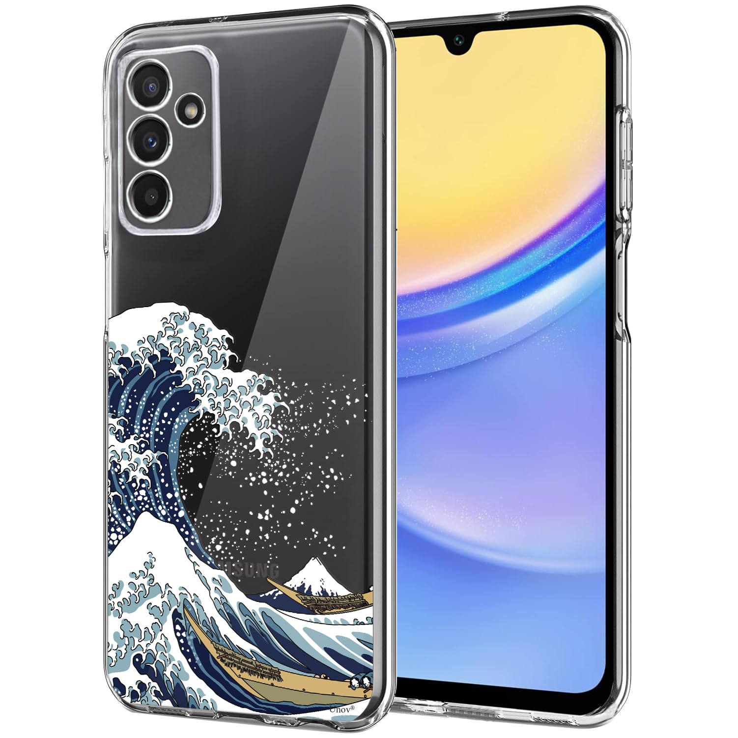 Unov Case Compatible with Galaxy A15 Case Clear with Design Soft TPU Shock Absorption Slim Embossed Pattern Protective 6.5 inch (Great Wave)