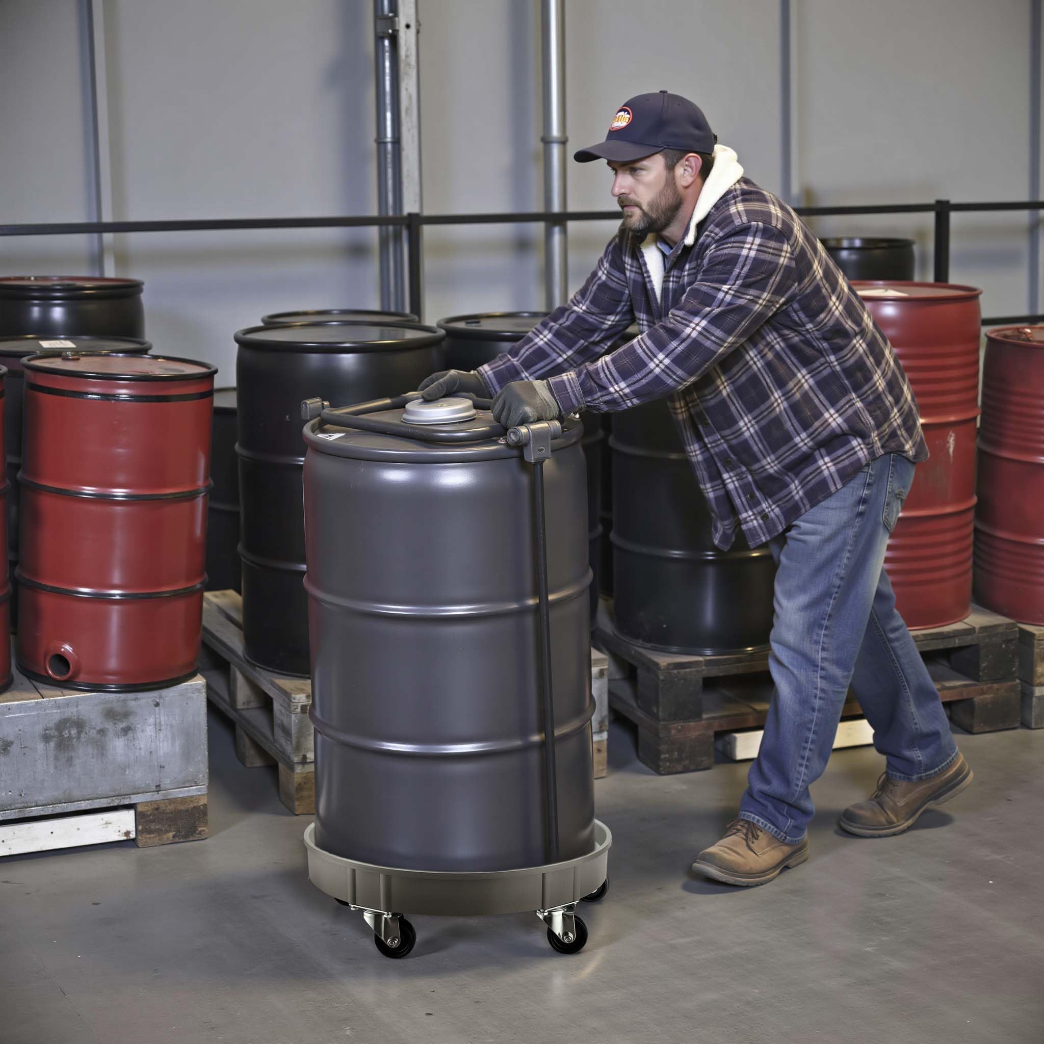 Wiltec Porta fusto olio con ruote, portata 400 kg, carrello porta fusti con vasca Ø 60 cm e ruote girevoli, base per movimentazione fusti
