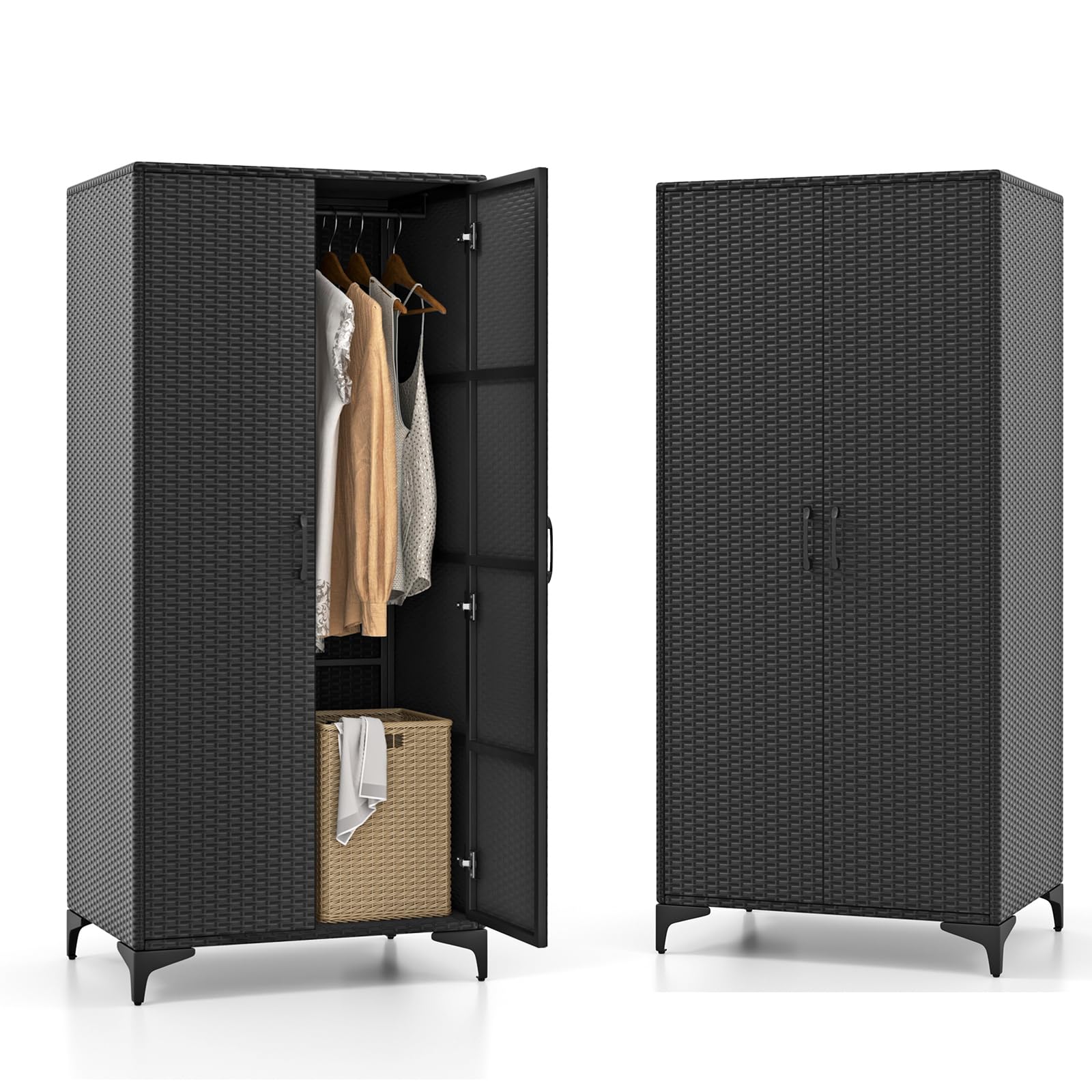 KOMFOTTEU Armario de Jardín de Ratán, Armario Alto con Barra para Colgar y 4 Cubos, Mueble de Almacenamiento con Puertas Dobles y Dispositivo Antivuelco, 72 x 50 x 157 cm (Negro)