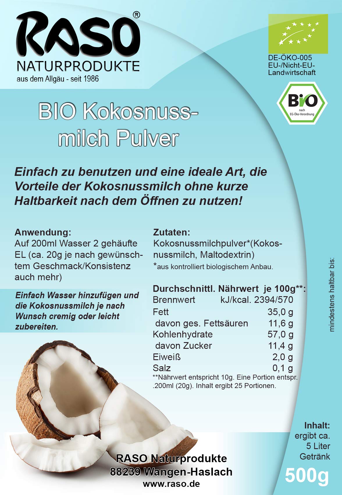 Kokosnussmilchpulver BIO | 500g Kokospulver | Kokosnussmilch Pulver