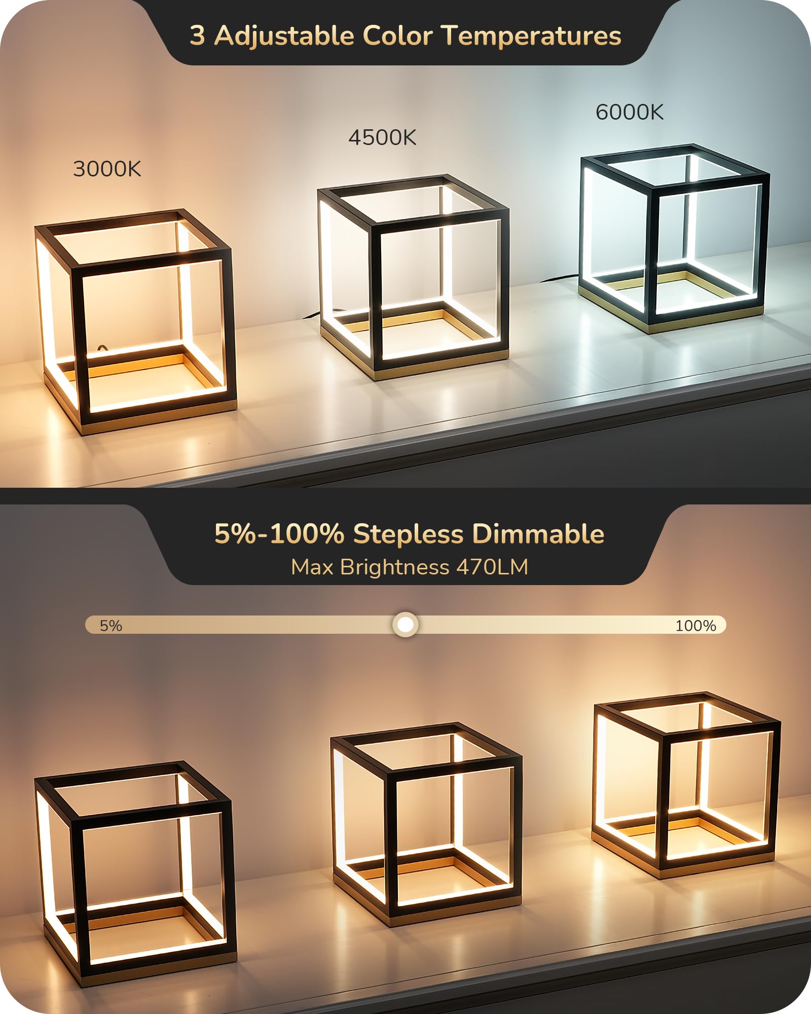 Lámpara de mesa LED moderna, lámpara de noche minimalista con base de madera maciza, regulable de 3 vías, 3000 K/4500 K/6000 K, 470 LM, lámpara de mesita de noche geométrica cuadrada de oro 4