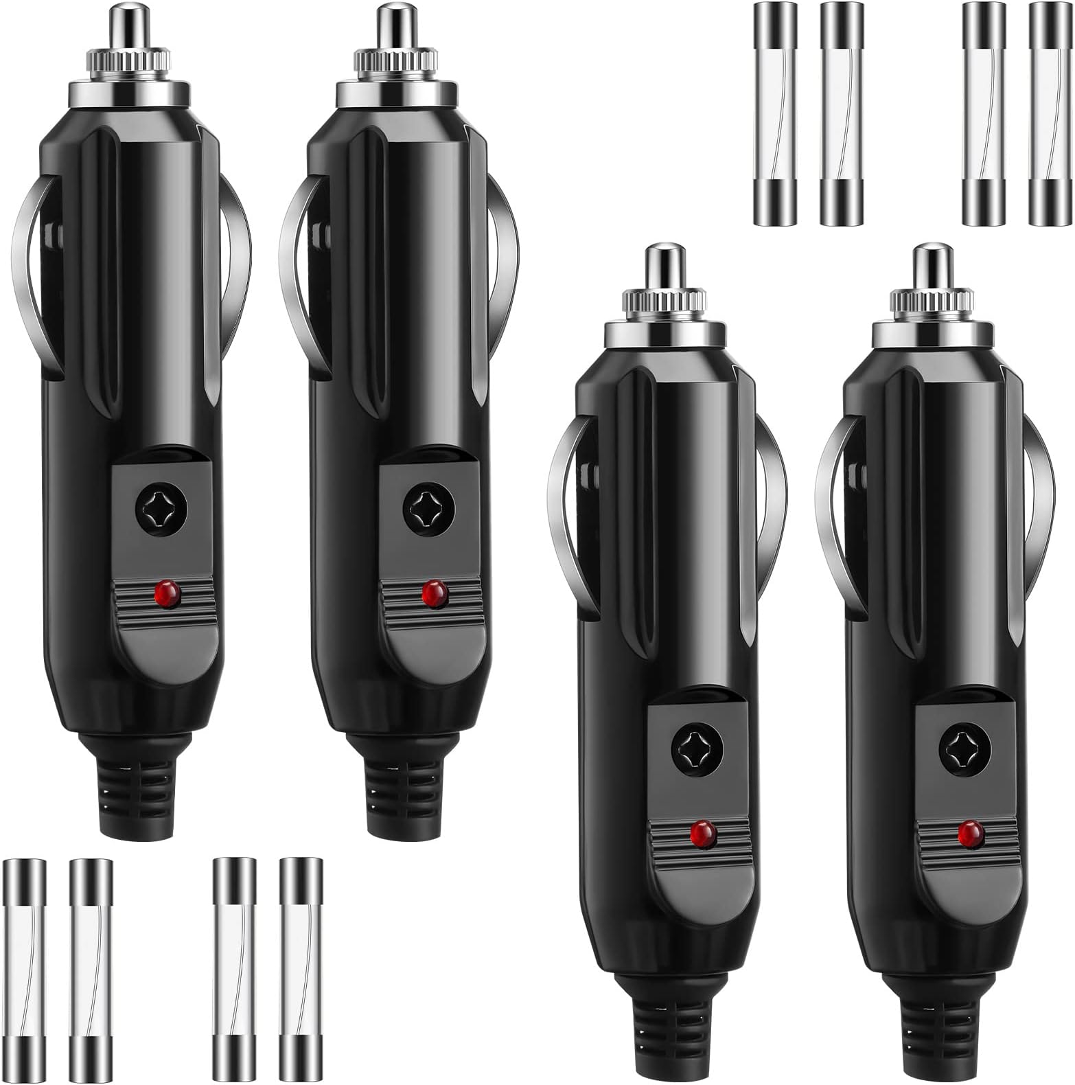 4 Pack 12V Cigarette Lighter Male Plug 15 Amp 24V Aux Socket Cigarette Lighter Plug Replacement with Red LED Light 8 Pieces 15A 20A Replacement Fuse for Vehicle Car Refrigerator