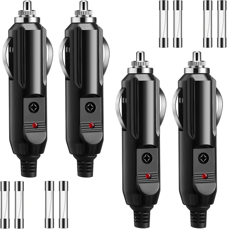 Plugue macho de acendedor de cigarros Tallew 12 V/24 V com LED vermelho e fusíveis – Kit com 12 peças