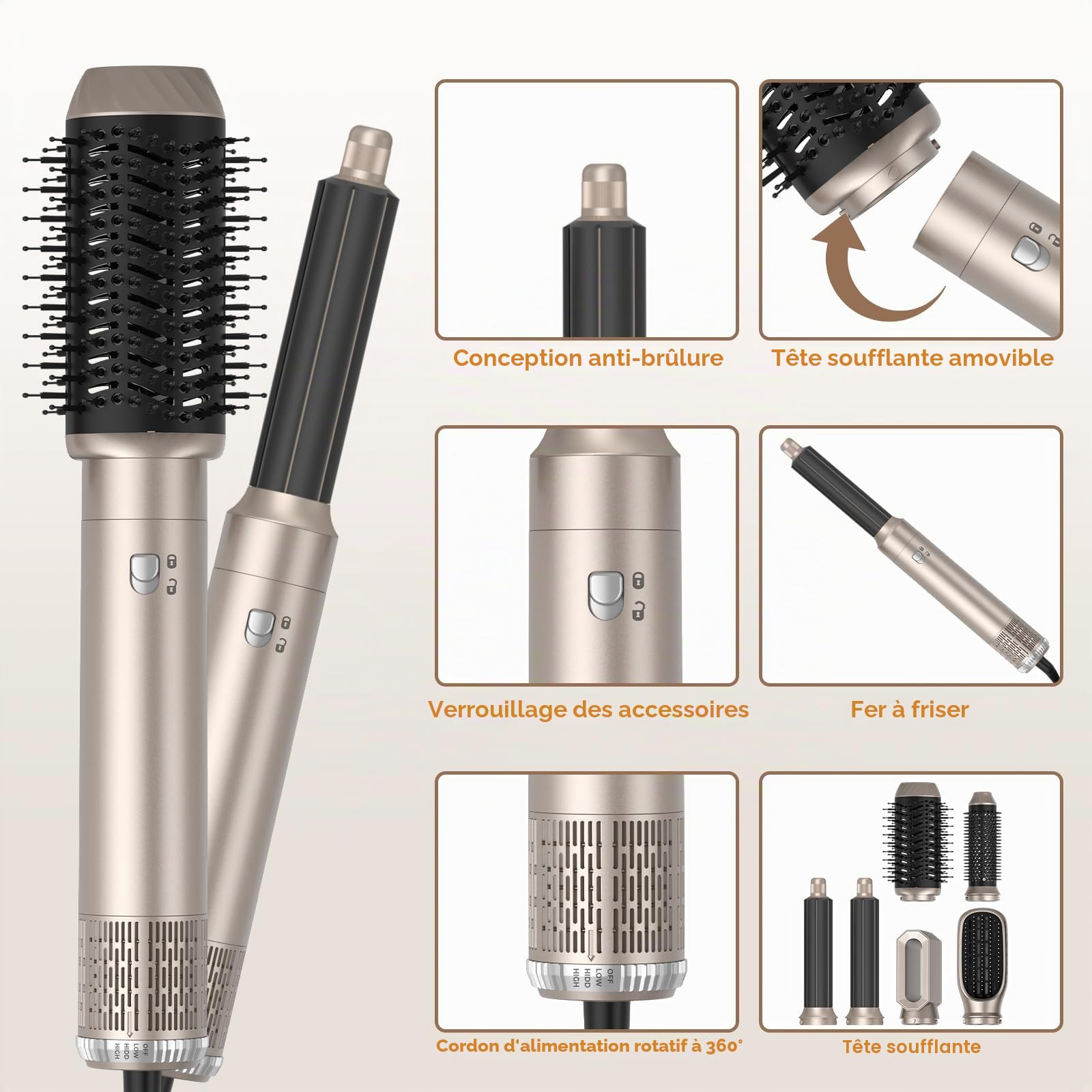 MogawaveSèche-Cheveux 6 en 1,1000w Sèche-Cheveux Multi Air Styler, Air Curler Boucler,3 Réglages de Température pour Sécher, Boucler, Redresser, Coiffer vos Cheveux