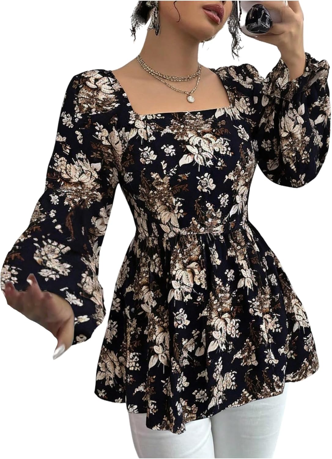 WDIRARA Women's Floral Print Square Neck Long Flounce Sleeve Blouse Ruffle Hem Peplum Top