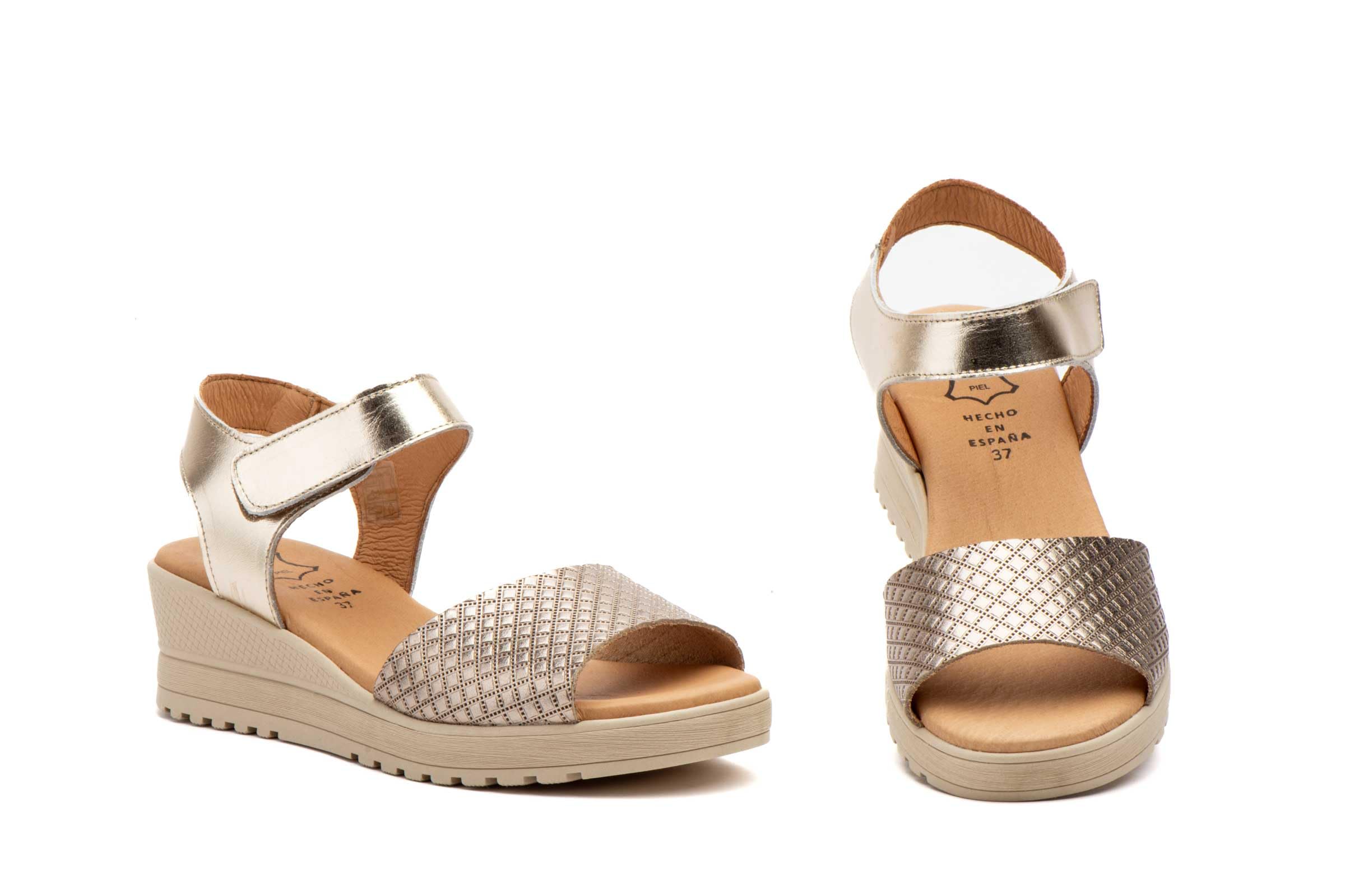Sandalias de Cuña para Mujer de Piel Auténtica con Cierre de Velcro Verano