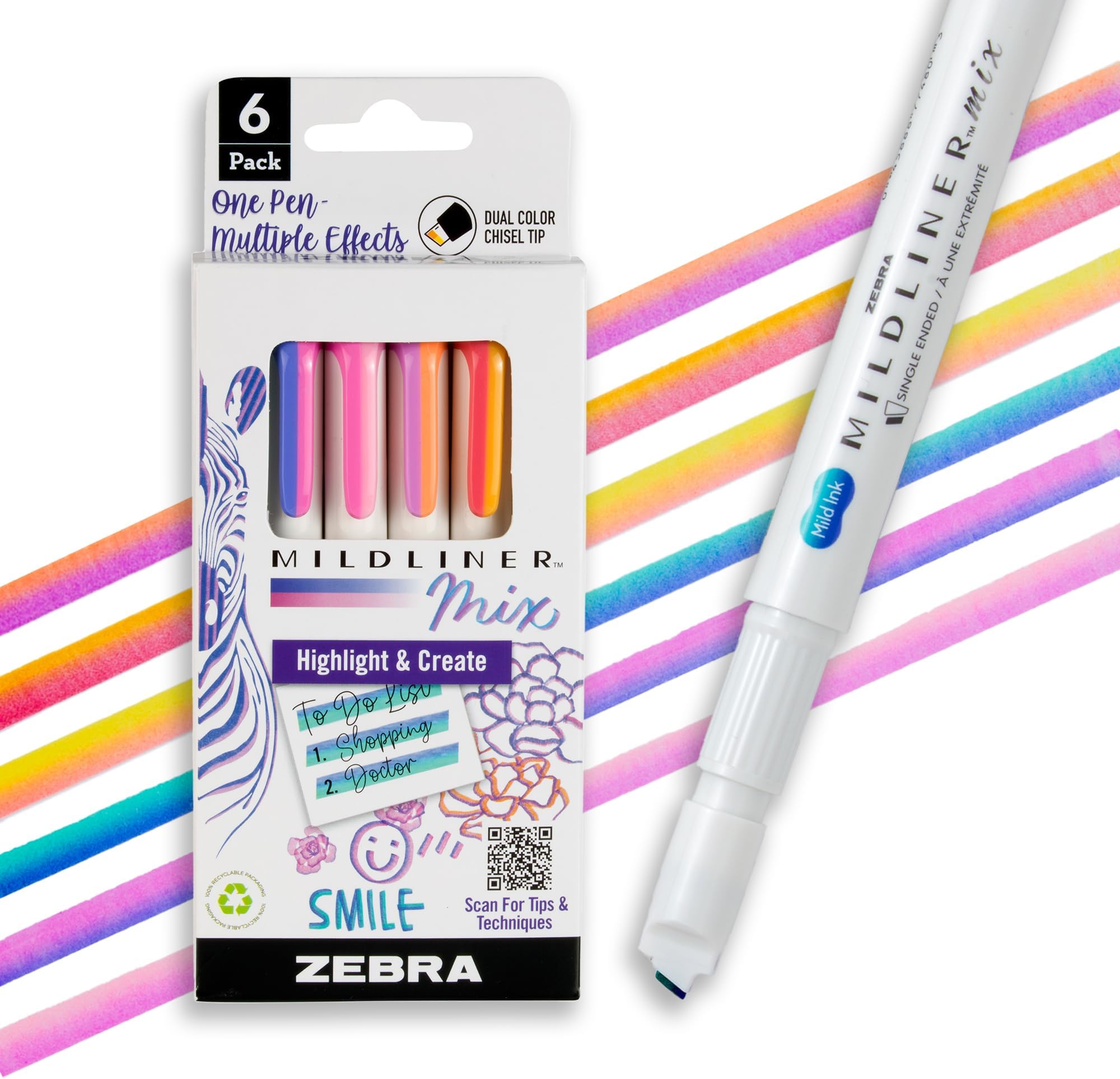 Mildliner Mix Dual Color Highlighter Marker Set, Chisel Tip, No Bleed, Ideal for Bible Highlighting, Journaling, Note-Taking, School and Office Supplies, Assorted Colors, 6-Pack (77706)