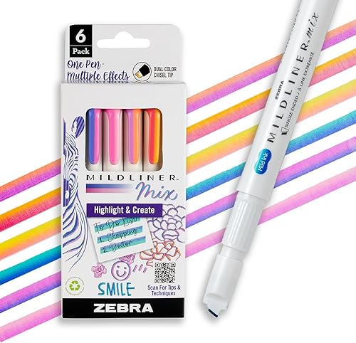 Zebra Pen Mildliner Mix Juego de marcadores resaltadores de doble color, punta de cincel, colores surtidos que no se corren, paquete de 6