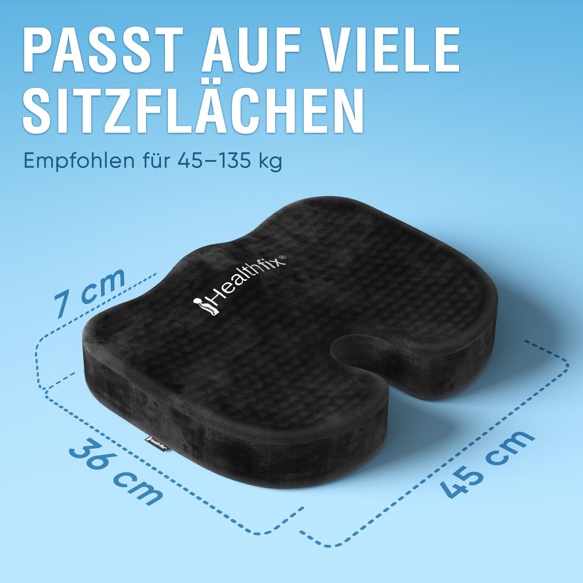Healthfix Orthopädisches Sitzkissen Bürostuhl, Steißbein Entlastung mit Honeycomb-Layer und Veloursbezug, ergonomisches Sitzkissen für Büro Auto Zuhause, 45 x 36 x 7 cm (Schwarz)