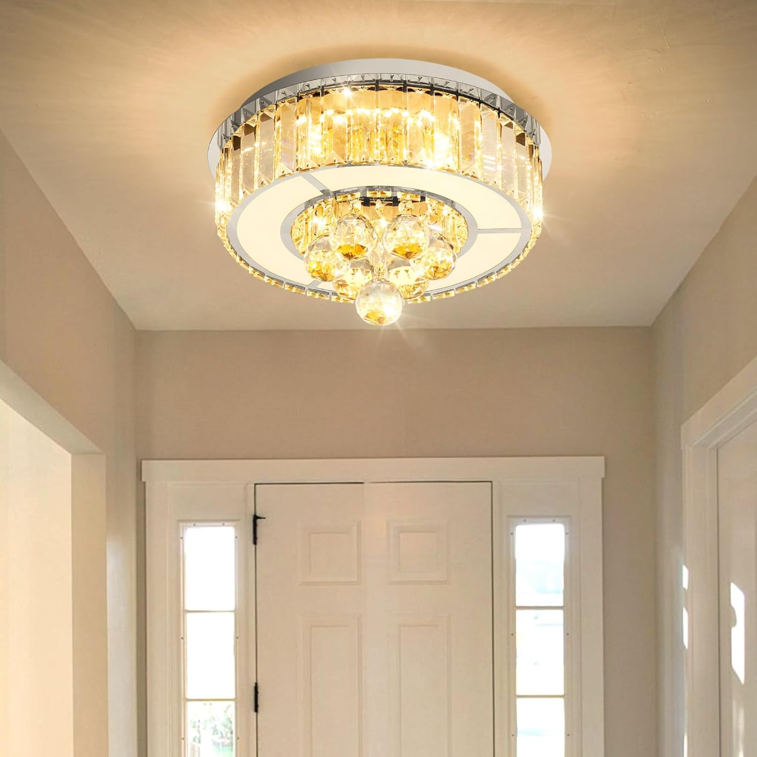 11.8" Silver Modern Crystal Chandeliers for Dining Room LED Dimmable Light Fixtures Flush Mount Light Living Room Bedrooms