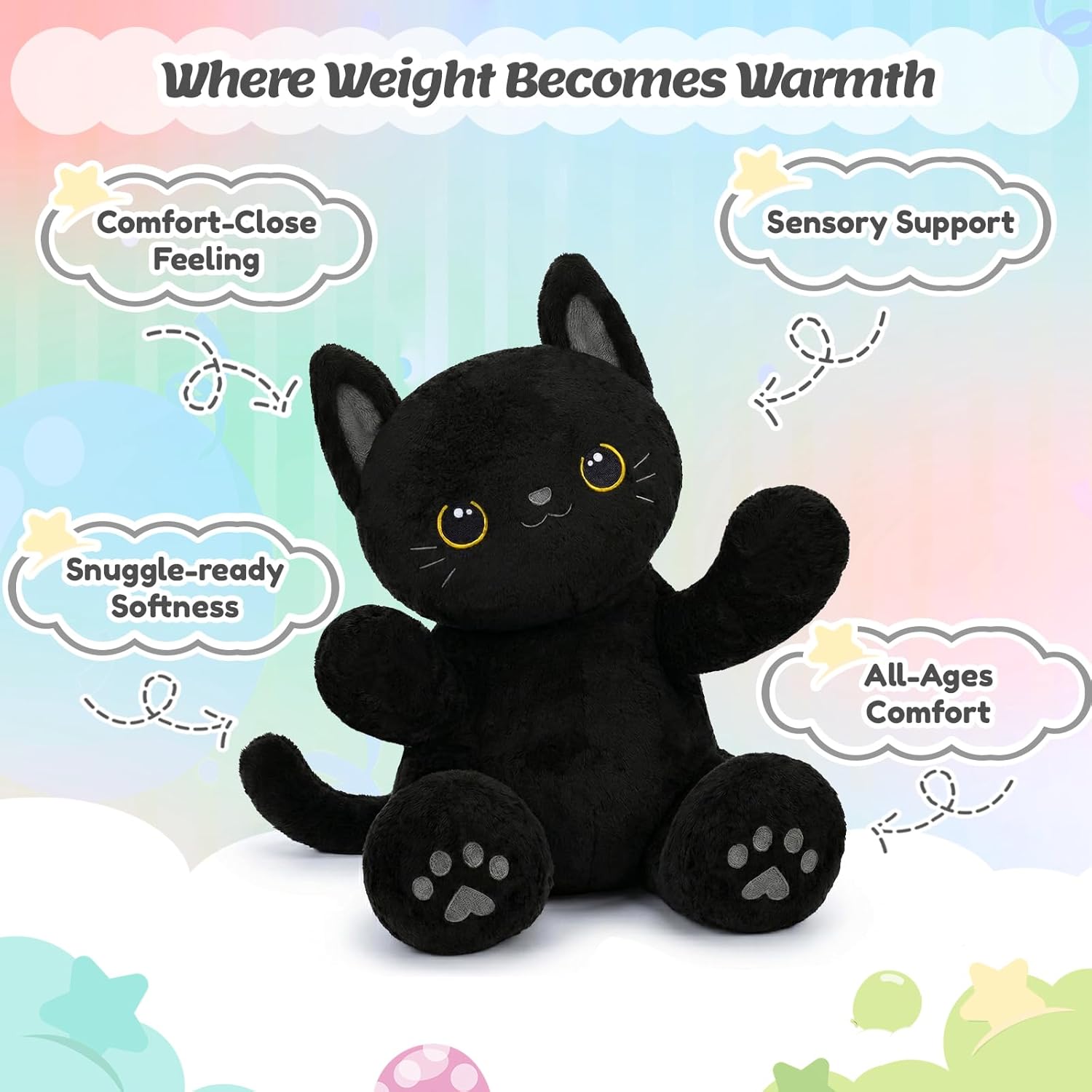 BRICHOEE 5lbs Weighted Stuffed Animals, Black Cat Plush Calming Weighted Black Cat Stuffed Animals, Cute Plush Toy Sensory Plushie Pillow Birthday Gifts for Adults Baby Kids Boys Girls