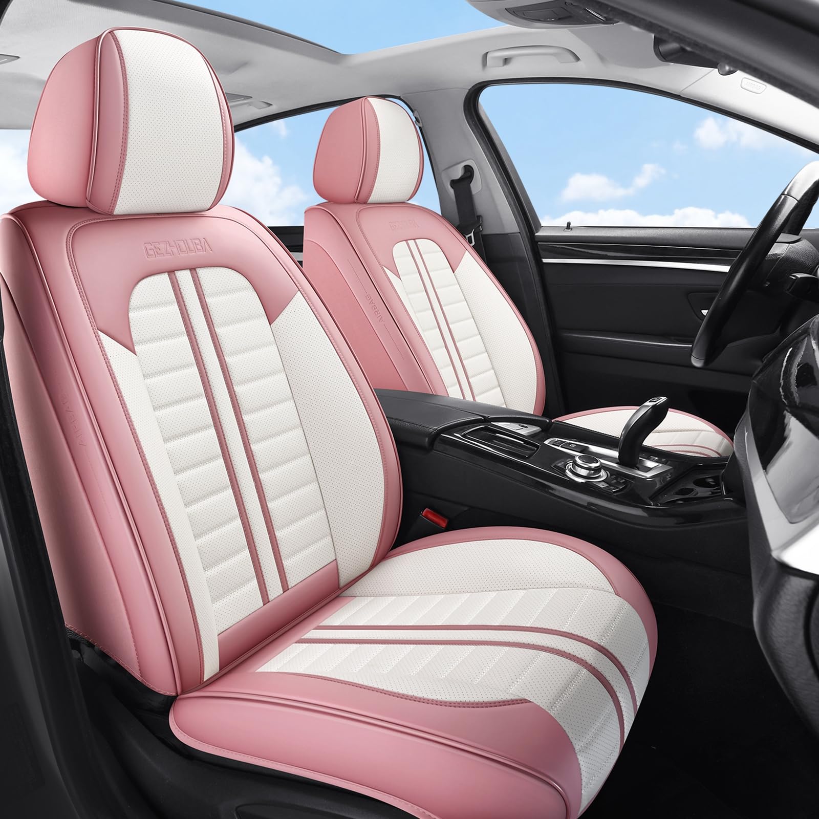 Car Seat Covers Full Set Leather, Luxury Universal Automotive Vehicle Seat Cover for Cars SUV Pick-up Trucks, Heavy Duty Waterproof Seat Protector Pink Car Accessories Interior,Pink and White