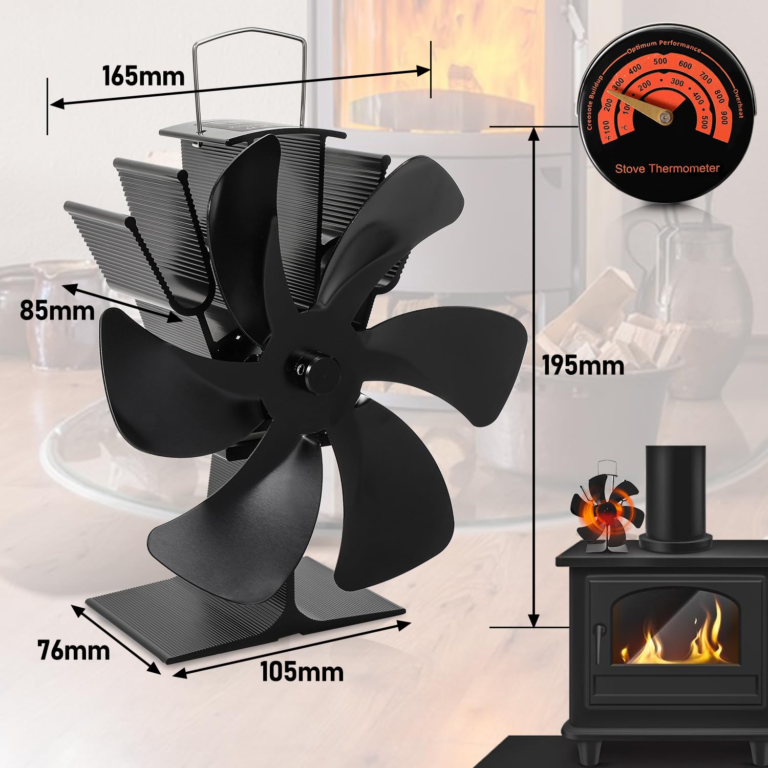 Ventilatore da camino a 6 fogli con termometro, ventilatore da forno senza corrente, silenzioso, scarico in legno, funzionamento termico, ventola in alluminio per Fireplace