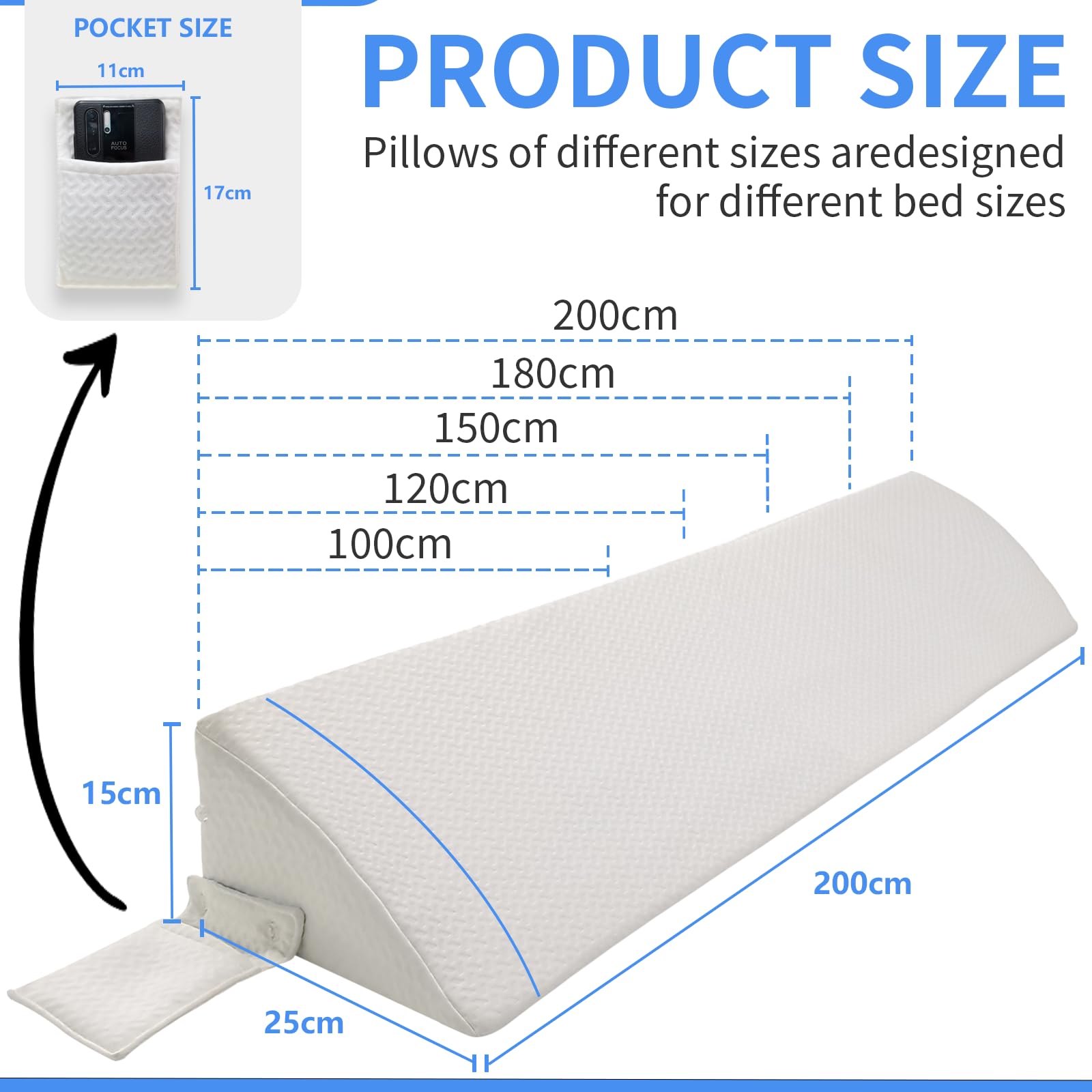 Almohada de cuña de cama para espacio de cabecero, cojín de apoyo de espuma de alta densidad, llena un espacio de 0 a 15 cm entre el colchón y la cabecera, diseño ergonómico para mayor