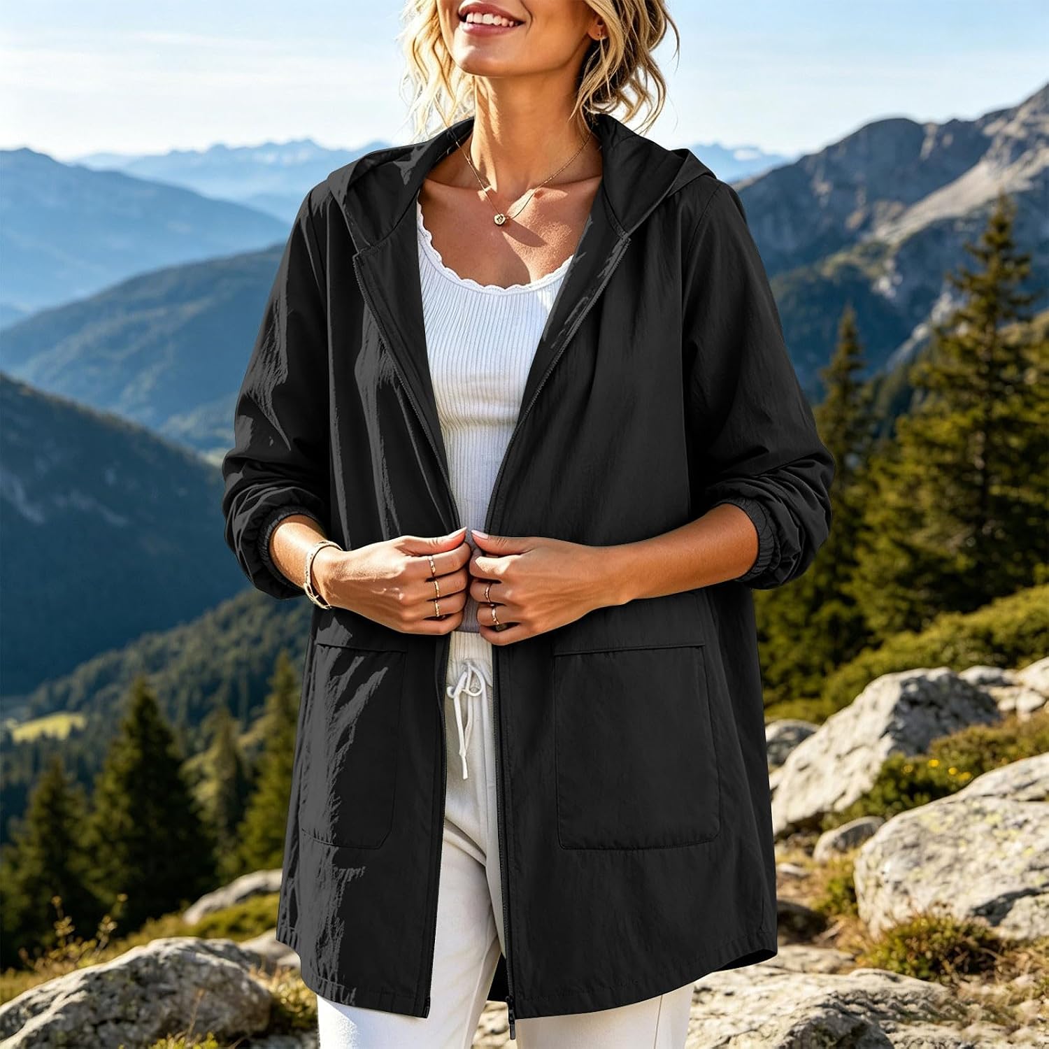 Hiking Jacket for Women Waterproof Hooded Rain Coat with Pockets | Women's Lightweight Anorak Windbreaker with Patch Pockets, Drawstring Hem, Elastic Cuffs for Camping Travel Fall