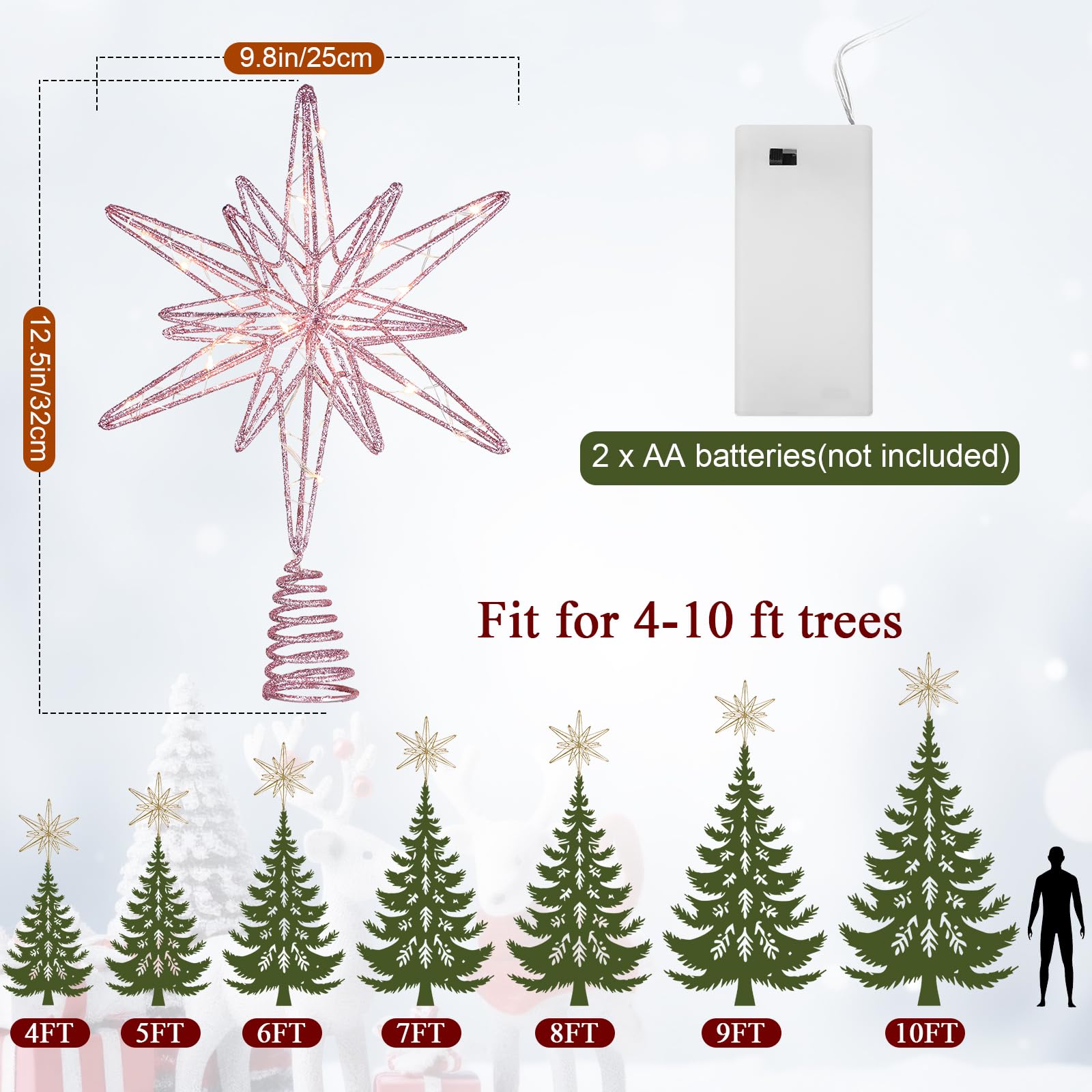 Grande puntale per albero di Natale a forma di stella con 20 luci a LED, 31,8 cm, scintillante, scintillante, decorazione per la casa, le vacanze, le feste (rosa)