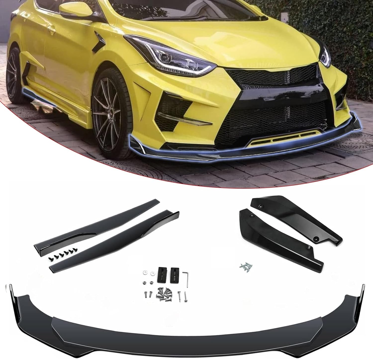 x xotic tech Front Bumper Lip Spoiler + Side Skirt Splitter + Rear Bumper Lip Wrap Splitter Canard,Compatible with Hyundai Elantra Accent (Black)