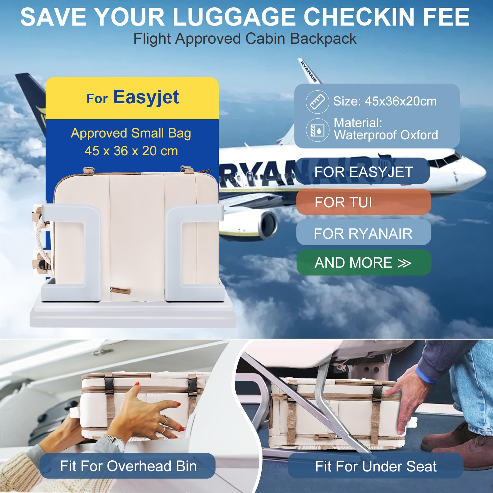 SZLX Zaino Ryanair 40x20x25 Donna Zaino da Viaggio Bagaglio a Mano 20L Uomo Borse da cabina 45x36x20 Easyjet Travel Backpack Adatto a laptop da 14 Pollici con scomparto per scarpe per Lavoro e Scuola