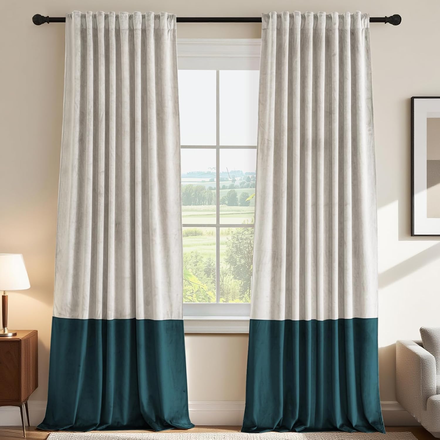 H.VERSAILTEX Velvet Patchwork Curtains Thermal Insulated Soundproof Room Darkening Drapes Rod Pocket Window Treatment Panels for Living Room Bedroom,2 Panels,Off White/Teal,52" W x 84" L