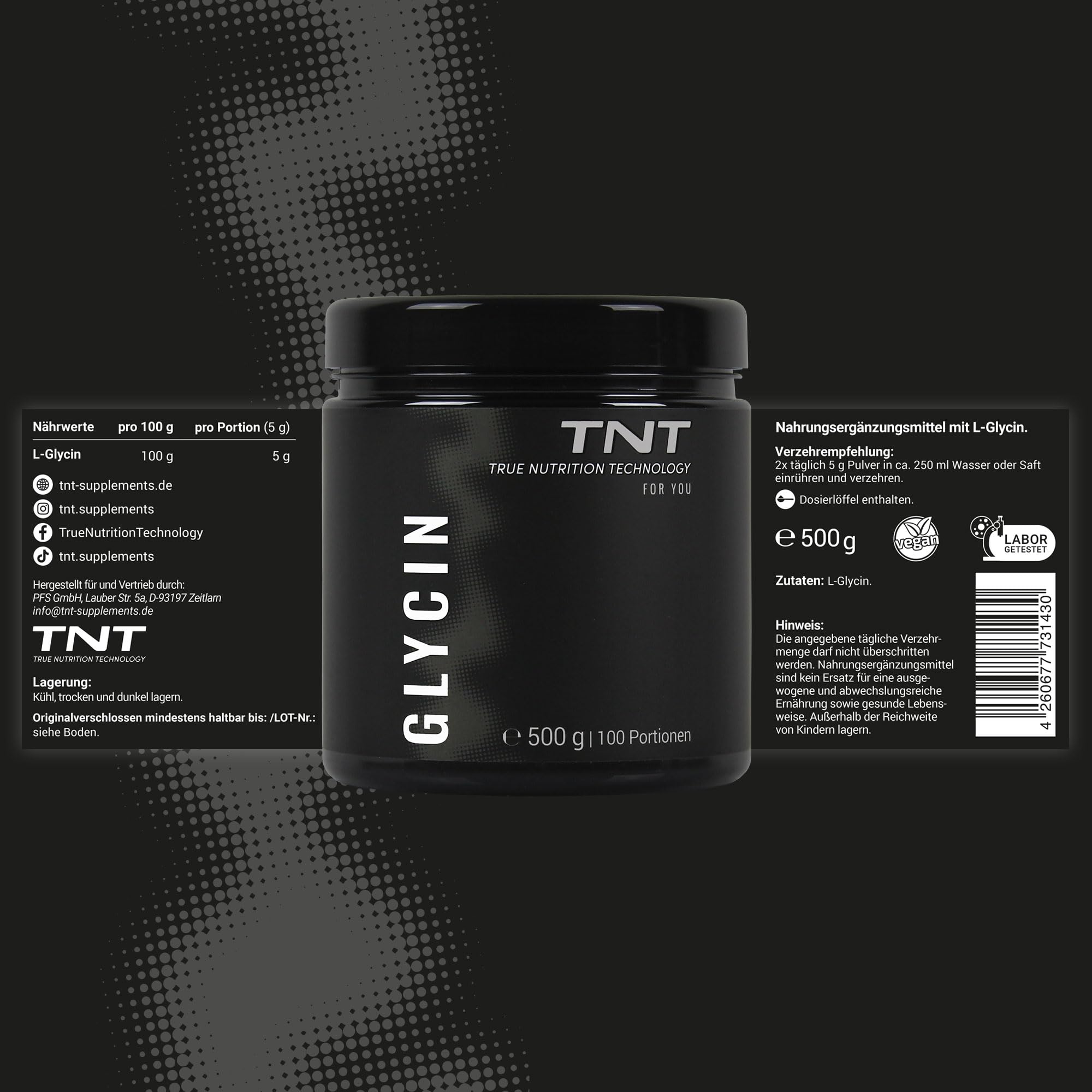 TNT Glycin Pulver (500g) • Optimal hochdosiert mit 5g L–Glycin pro Portion • Reines Glycin ohne Zusätze • Aminosäure Glycine • 100% Vegan (Packung mit 2)