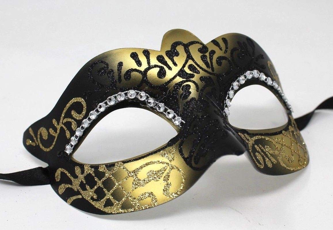 LADIES BLACK GOLD CRYSTAL JEWELLED EYES VENETIAN MASQUERADE CARNIVAL PARTY EYE BALL MASK, 8cm Deep - Image 2
