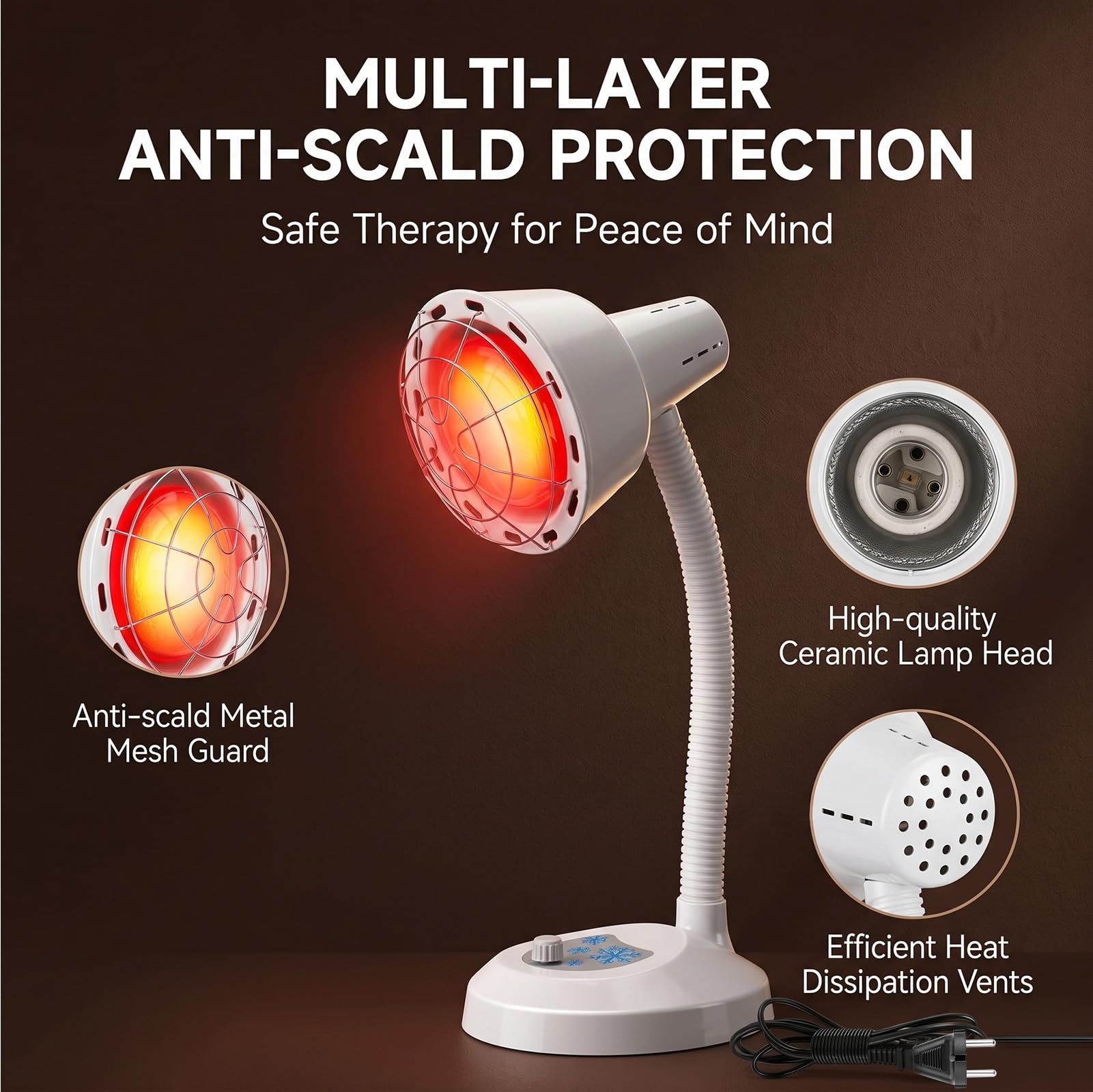 Rotlichtlampe 275W Infrarot-Wärmelampe, temperaturverstellbar mit stabilem Schutzgitter, zur Linderung von Muskelverspannungen und für entspannende Lichttherapie im privaten Heimgebrauch