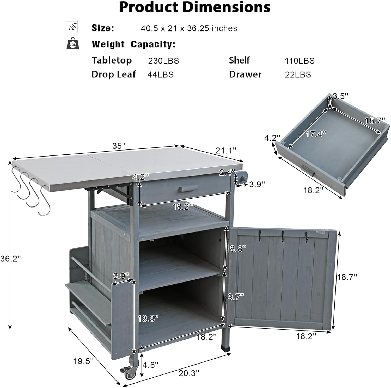 40.5" Outdoor Grill Cart with Storage Cabinet,Drawer,Towel Rack, Solid Wood OutdoorGrill Table with Stainless Steel Top,Rolling Kitchen Cart with Lockable Wheels for Outside Lawn Garden (Blue+Grey)