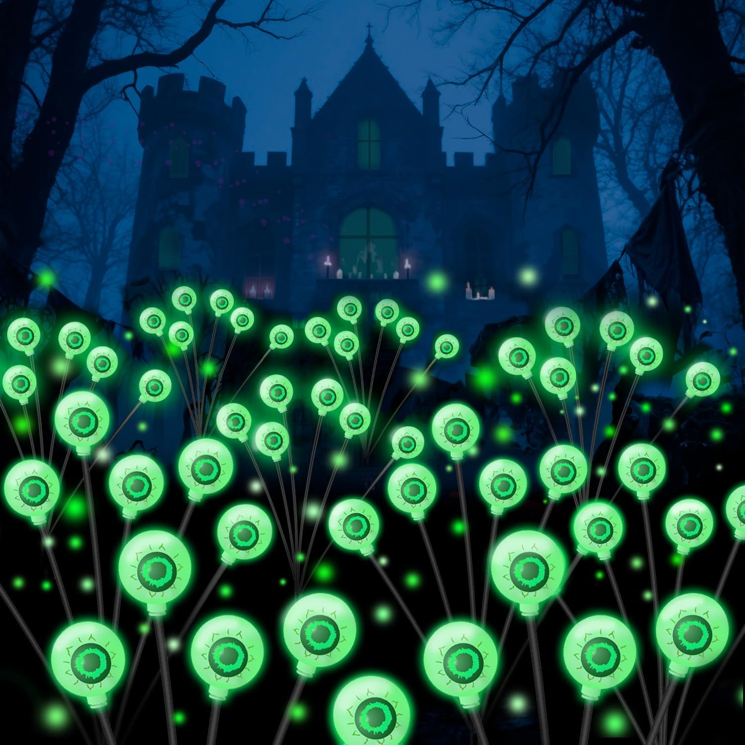 VOTTGO Halloween Solar Lights Outdoor, 8 Pack 48LED Scary Solar Eyeball Pathway Lights, 2 Modes Waterproof Swaying Solar Firefly Lights for Garden Yard Pathway Halloween Decorations, Green
