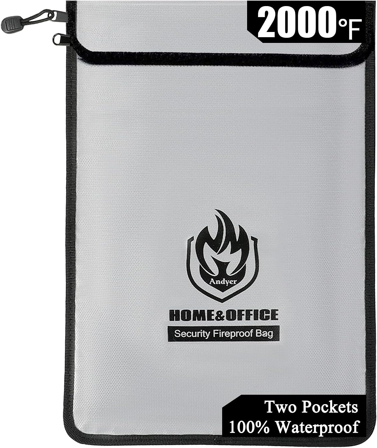 Upgraded Two Pockets Fireproof Document Bag (2000℉), andyer 15”x 11”Waterproof and Fireproof Money Bag with Zipper, Fire Safe Storage for Valuables,Money,Jewelry,Legal Documents,File and Tablet : Tools & Home Improvement