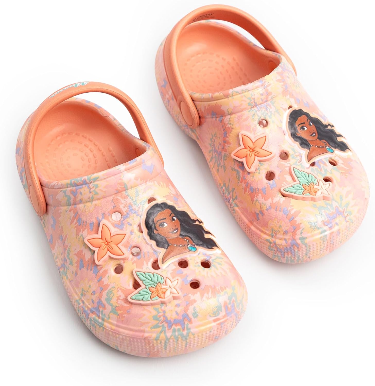 Disney Moana Girls Coral Pink Clogs Graphic Character Sliders with Floral Print & Flower Charms Ventilated Molded Footbed