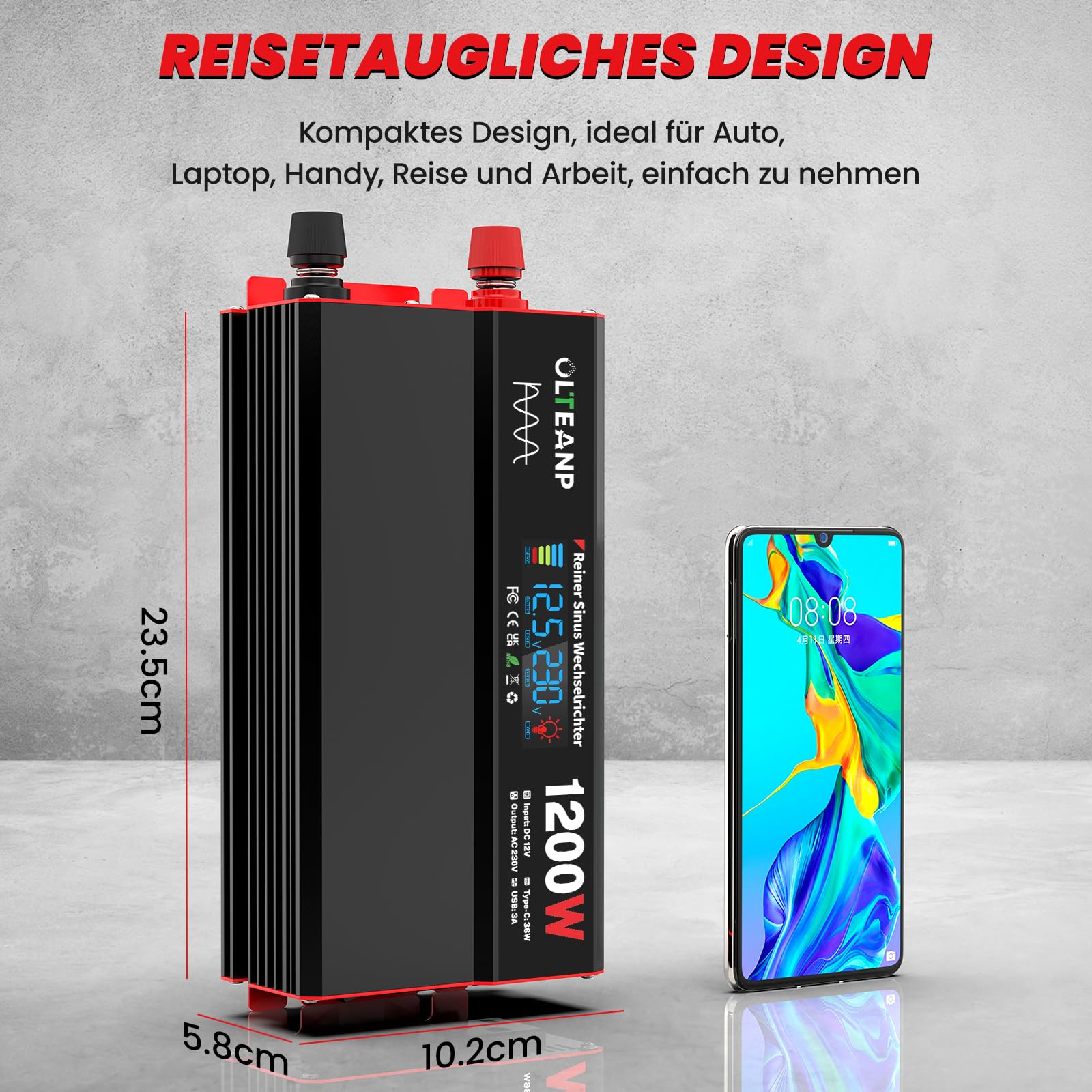 OLTEANP Wechselrichter 12V auf 230V Reiner Sinus,Spannungswandler 1200W Inverter mit LCD-Bildschirmanzeige, AC-Steckdosen, 36W Typ-C-Anschluss, 5V/3A USB-Anschluss für LKW,Zuhause,Fahrzeuge