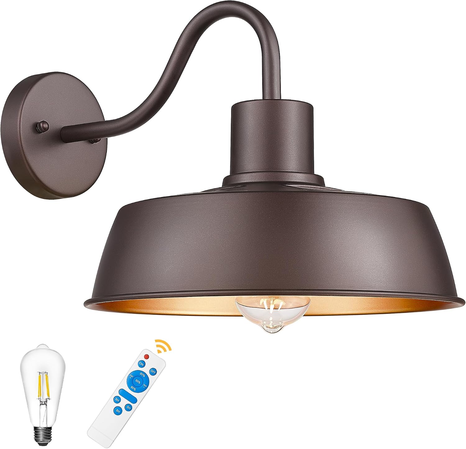 Rustic Outside Barn Lighting Fixture, HWH Outdoor Light Fixture Wall Mount for Garage, Solar Outdoor Wall Light with Remote, Oil-Rubbed Bronze Finish with Gold Inner, 5HYX113B-SL ORB