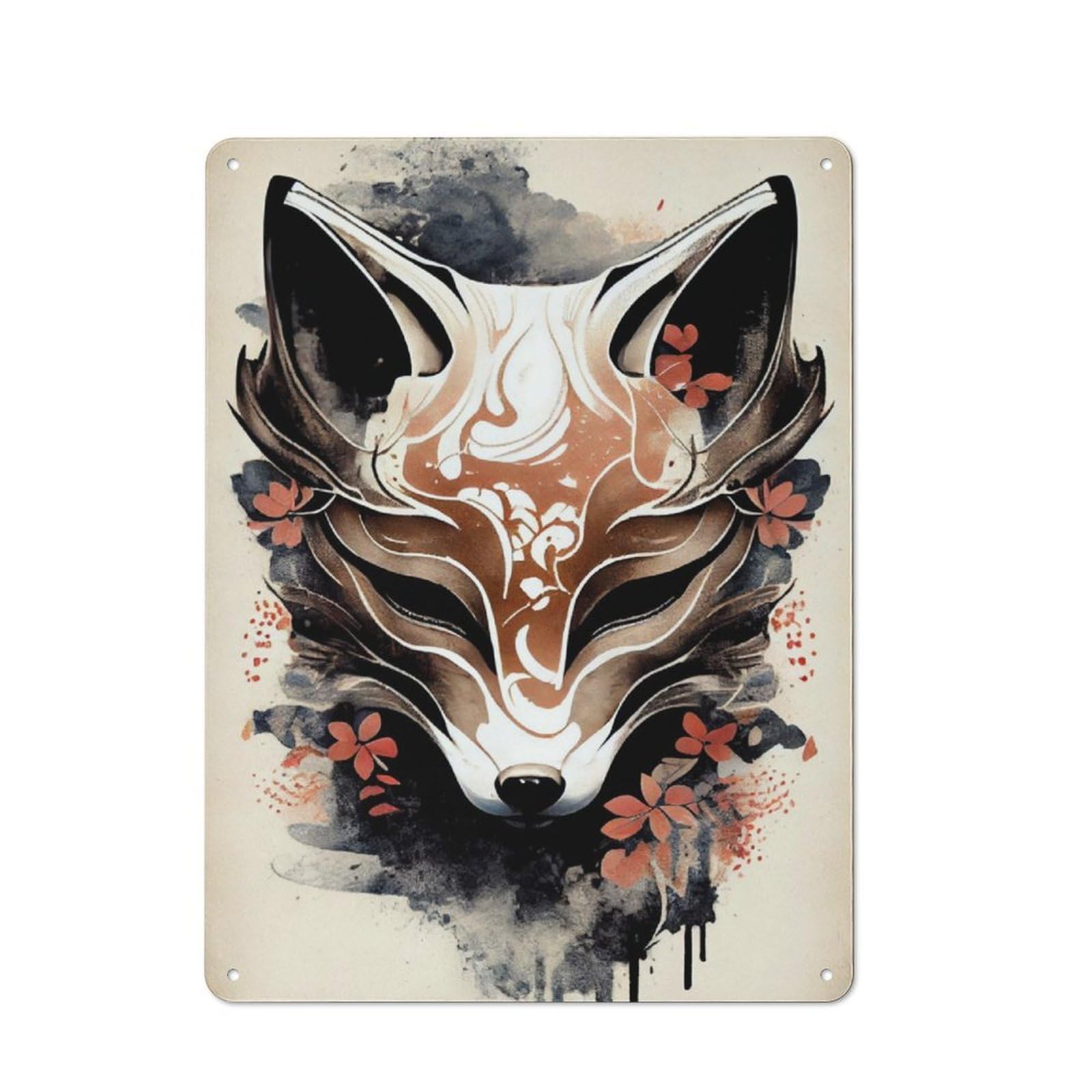 Junmoney Kitsune Fox Mask Ink Wash Tin Wall Plaque 40X30cm With For Guest Room Or Hallway, For Hallway Wall Decor Fans
