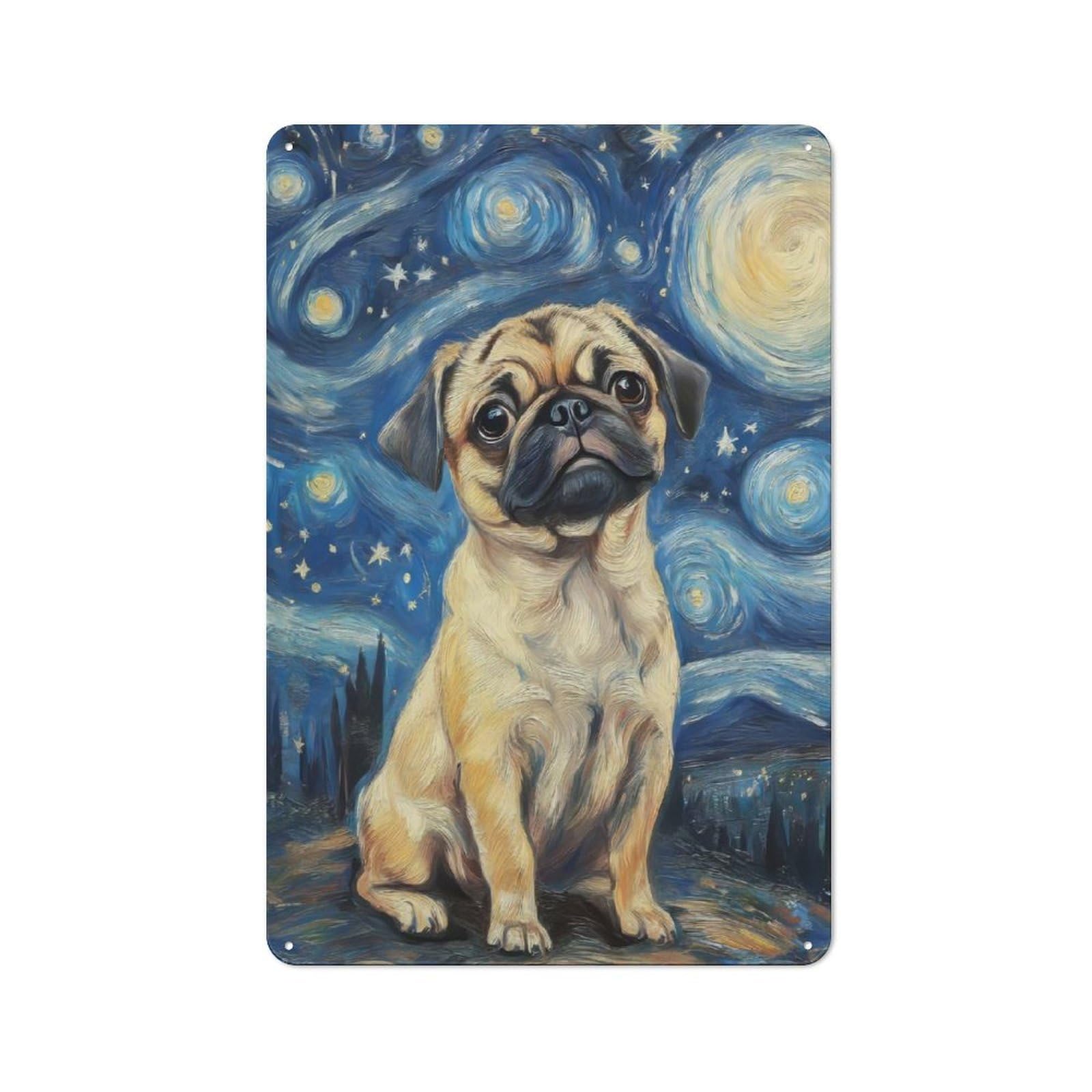 Junmoney Style-2 Loft Style Metal Wall Art Sign 30X20cm Featuring Pug In Starry Night, Urban Room Decor For Loft, Studio, Office Or Creative Room