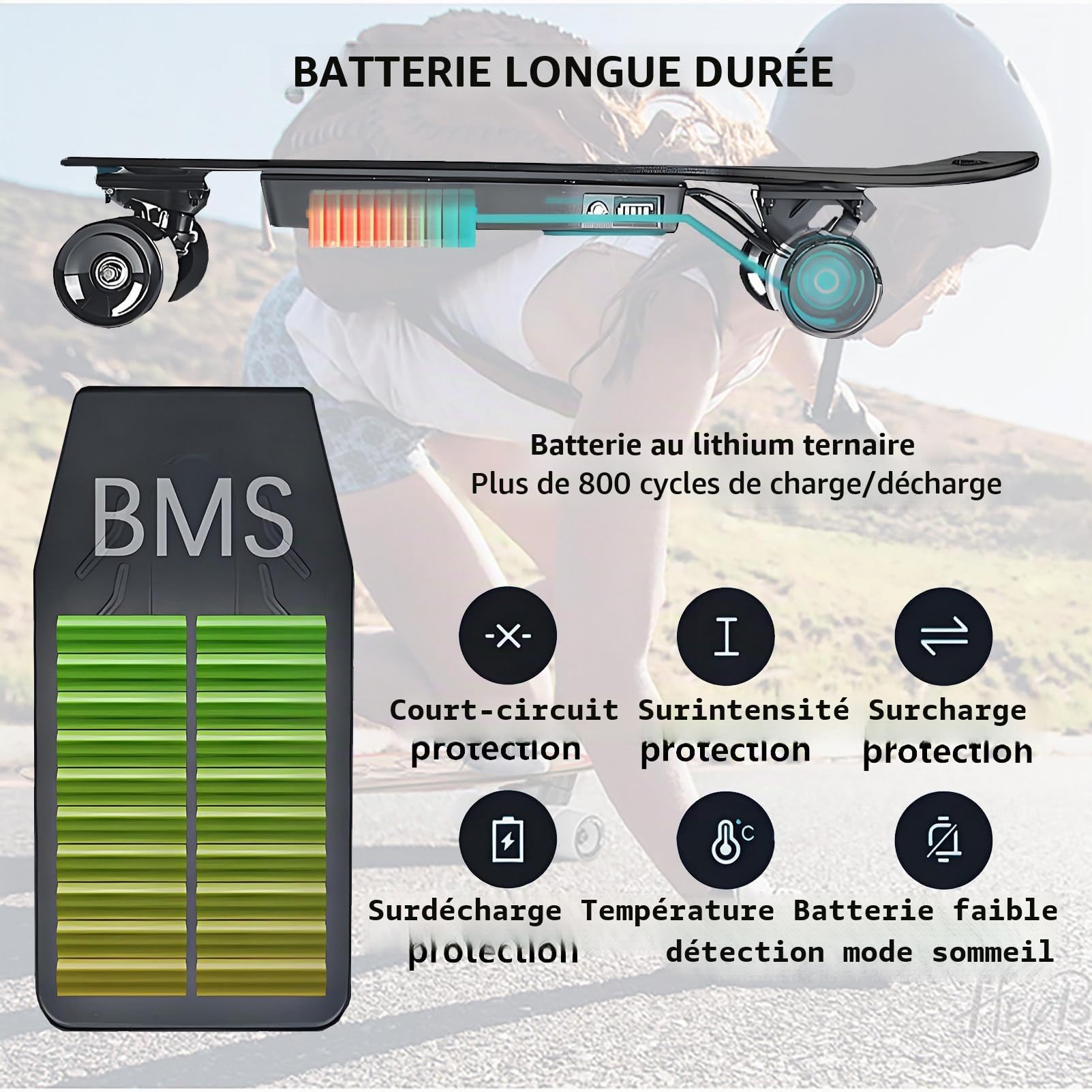 Skateboard Électrique Tout-Terrain pour Adulte Longboard 4 Roues Amortissantes Moteurs Moyeux, Autonomie Simple 8-22 Km, Double Autonomie 15-30 Km, Charge Maximale 100-200 Kg DualDrive-22km