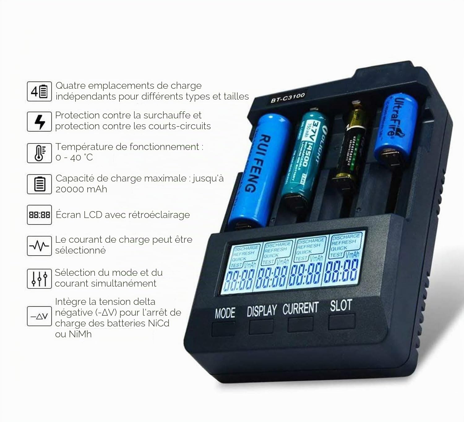 Le nouveau chargeur numérique intelligent BT-C3100 V2.2 à 4 fentes AA/AAA LCD avec prise UK