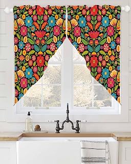 Swag Curtains Valances for Windows Mexico Festival Watercolor Red Blue Flowers Texture Sheer Valance Scalloped Voile Swags Topper Curtain for Kitchen Living Room Bedroom, 2 Panels, 36"x63"
