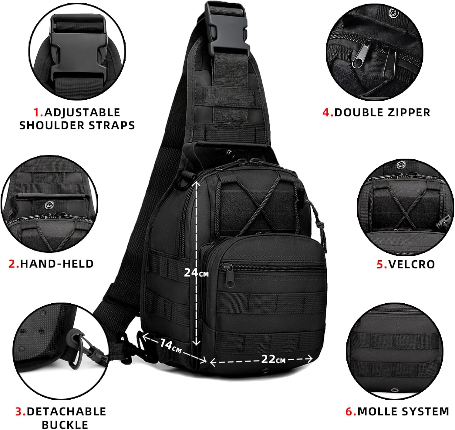 J.SH 4-in-1 Tactical Sling Bag with Hidden Compartment Men's Outdoor MOLLE Crossbody Bag EDC Backpack Small Tactical Backpack - Black - Image 2