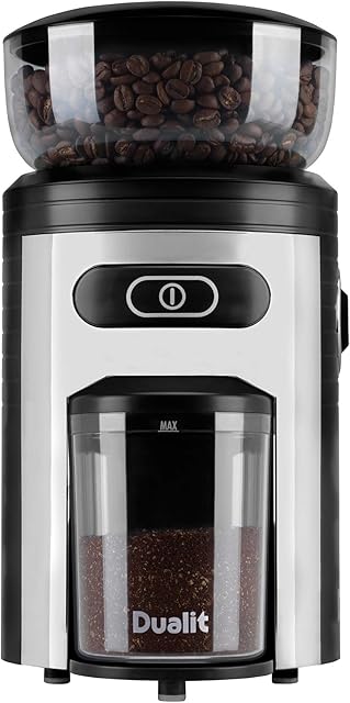 Dualit Burr Coffee Grinder | Chrome | Electric Coffee Grinder | Portion Control | Multiple Grind Settings | Conical Burr Grinder | 220g Capacity | 75015