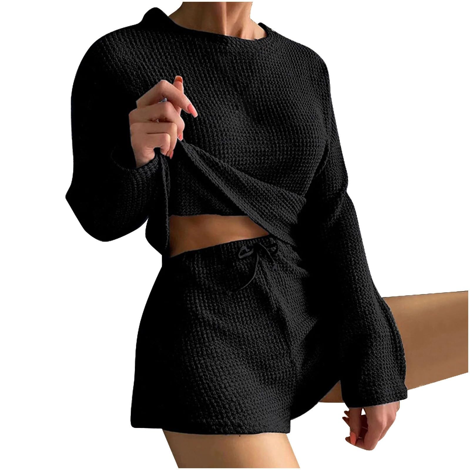 Summer Two Piece Casual Sets for Women Waffle Long Sleeve Tops and Shorts Loose Lightweight Jogging Lounge Outfits