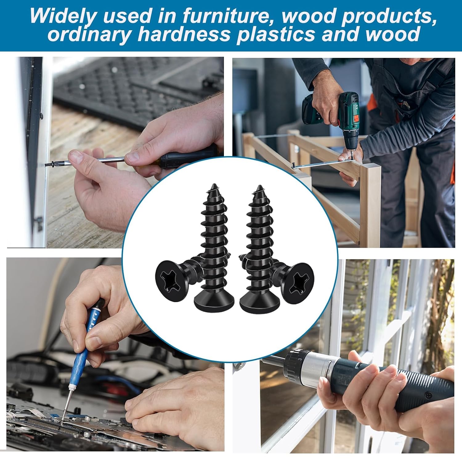 #4 Small Wood Screws Assortment Kit 420PCS, Black Short Phillips Flat Head Self Tapping Cabinet Hinge Screws, Hardened Carbon Steel Tiny Micro Mini Screws with 20Pcs M6 Wall Anchors