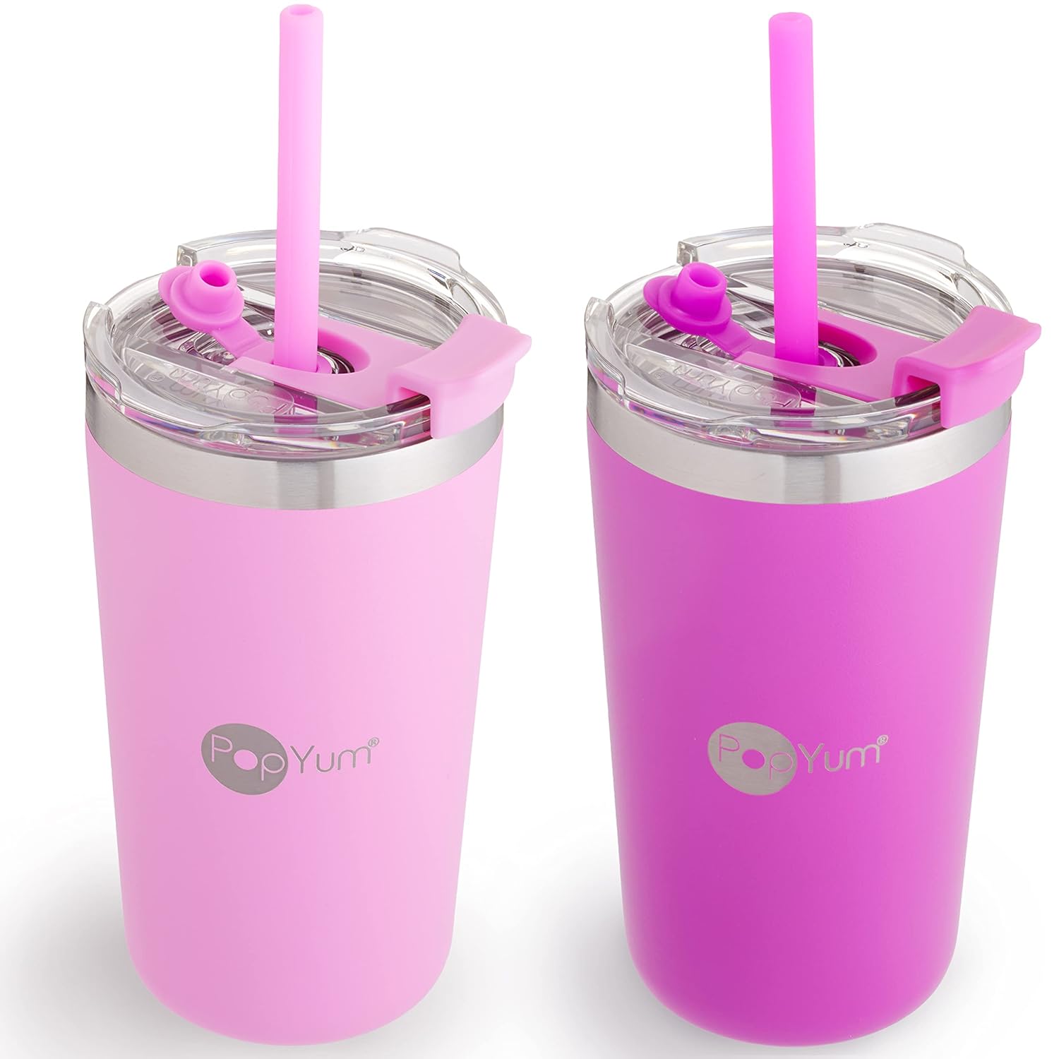 PopYum 13oz Insulated Stainless Steel Kids’ Cups with Lid and Straw, 2-Pack, Purple, Pink, stackable, sippy, baby, child, toddler, tumbler, double wall, vacuum, leak proof
