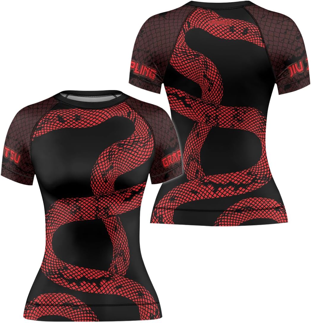 FORMONIES Snake Women’s Compression Base Layer – Short Sleeve Rash Guard for MMA BJJ Jiu Jitsu Grappling & Training