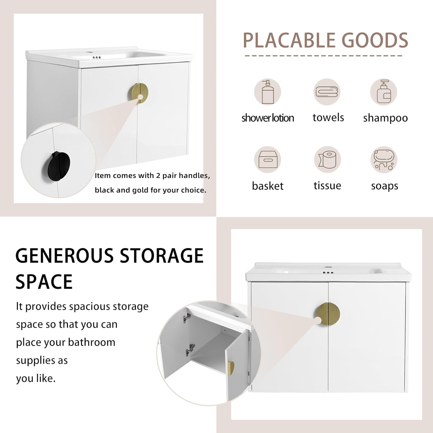 Goujxcy 28 inch White Bathroom Vanity with Sink, Modern Floating 28'' Bathroom Vanity Set for Small Space, Luxury Wall Mounted Bathroom Storage Cabinet with Ceramic Basin Top & Golden Handle