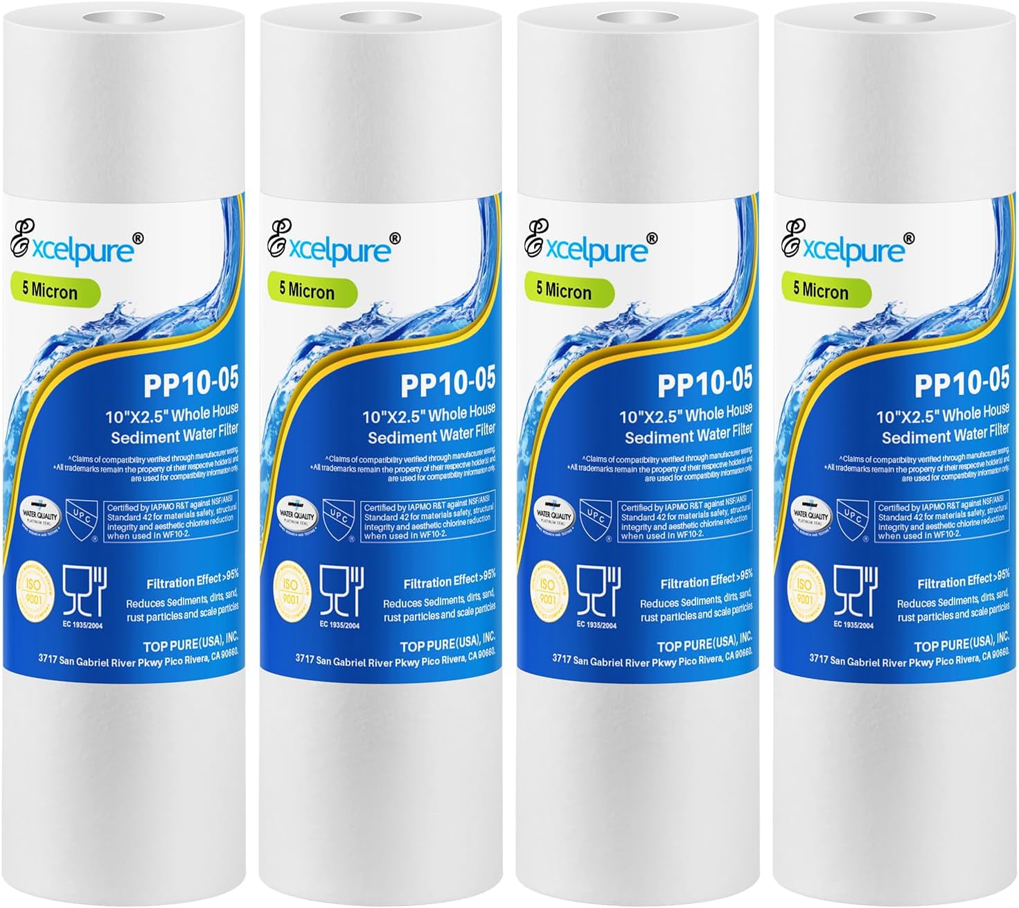 EXCELPURE 5 Micron 10" x 2.5" Whole House Sediment Home Water Filter Cartridge Replacement for Any 10 inch RO Unit, Culligan P5, Aqua-Pure AP110, Dupont WFPFC5002, CFS110, WHKF-GD05, PP10-05, 4PACK