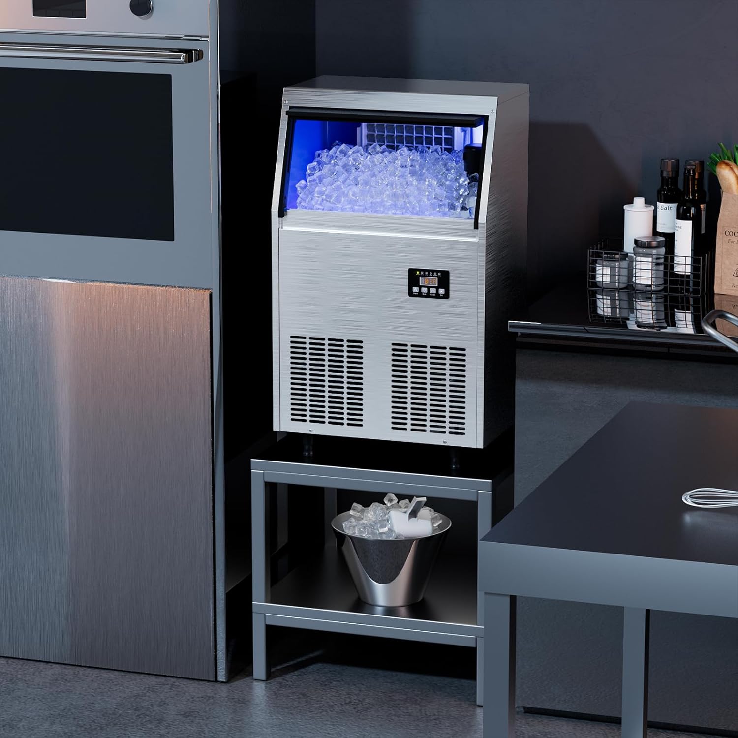 Coolski Commercial Under Counter Ice Maker, 200lbs/24H, ETL & DOE Certificated, 45pcs with 35lbs Storage Bin, Fan Cooling System Stainless Steel Freestanding Ice Machine for Bar Home Office Church