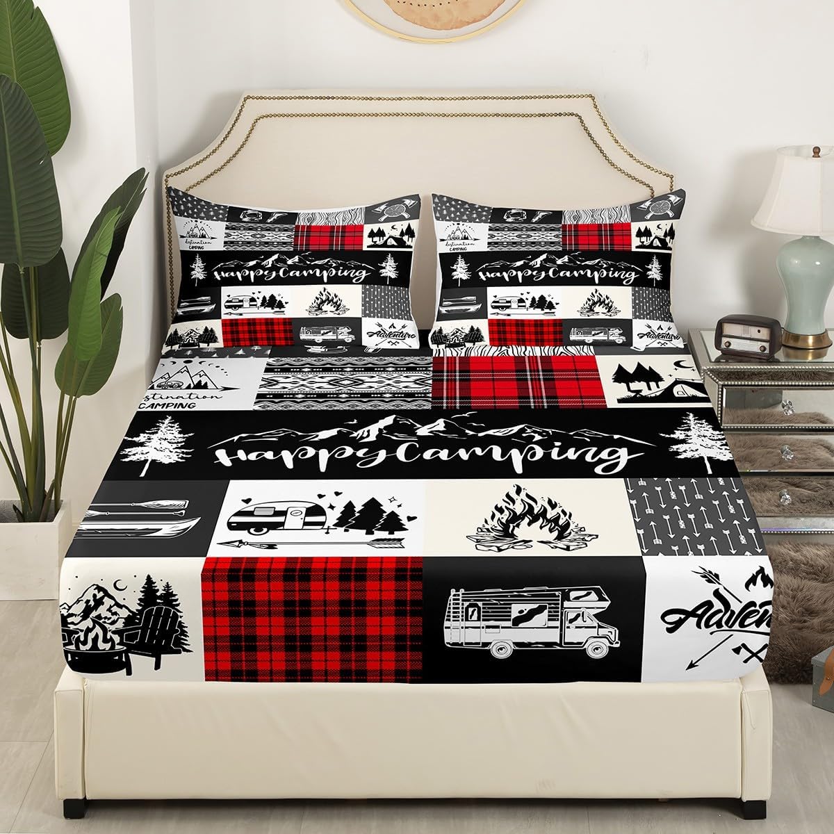 キャンプアドベンチャーベッドシーツセット ツインサイズ、キッズ RV キャンピングカーアクセサリー トラベルトレーラー シーツセット