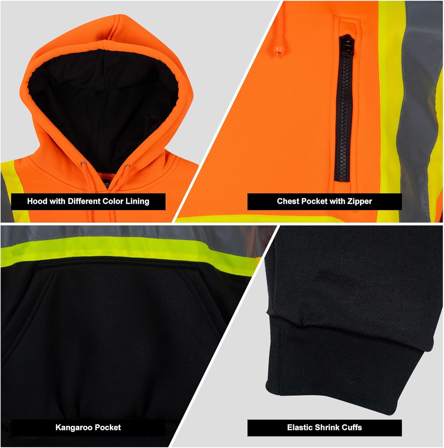 High Visibility Safety Fleece Hoodie for Men Reflective Sweatshirt ANSI Class 3 Hi Vis Pullover Hoodie Jacket - Image 6