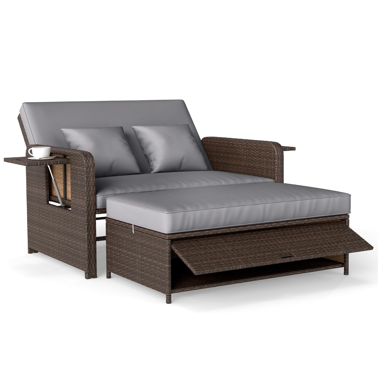 COSTWAY Polyrattan Sonnenliege, Gartenliege mit Verstellbarer Rückenlehne & ausklappbarem Seitenablage, Loungebett, Doppelliege mit Auflage, Gartensofa mit Hocker für Garten, Balkon